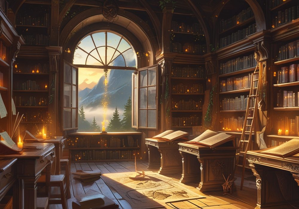 A cozy fantasy library — our editorial workspace, conceptually